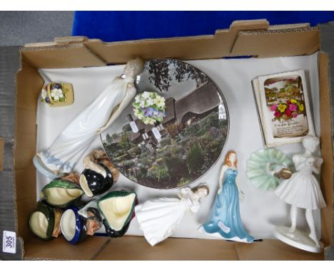 A mixed collection of items including Royal Doulton Lady figures Birthday Girl, December , large Nao figure of girl, Coalport