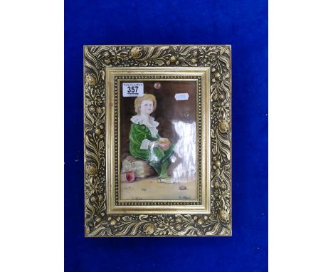 Framed ceramic tile hand painted by John Michael titled Bubbles 22 x  14 cm 