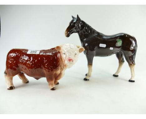 Large Melba ware Hereford Bull and similar horse, height of tallest 27cm