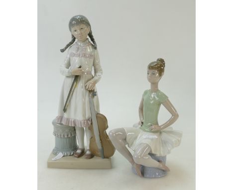 Lladro figure of girl with violin(broken bow) &amp; seated ballet dancer(2)