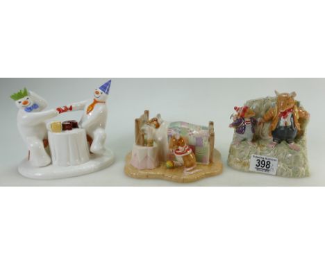 Coalport H Samuel figure The Snowman Pulling a Cracker, Royal Doulton Brambly Hedge Tableau On the Ledge DBH57 &amp; Ltd edit