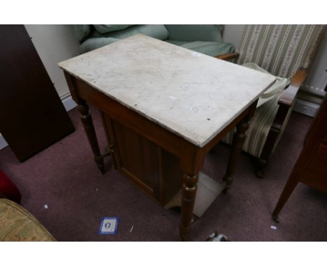 Stained pine marble topped single door side unit ( missing splash back) and a Royal Staffordshire ceramic bed pan (2)
