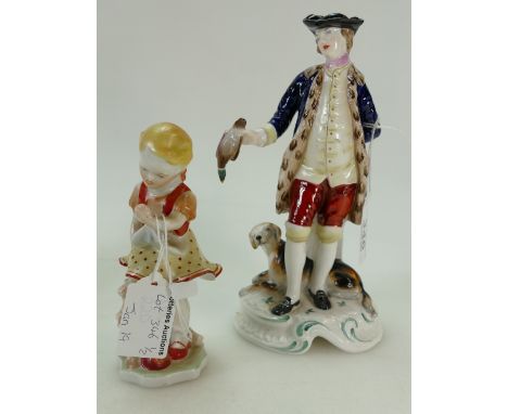 Spode pottery figure of huntsman with hound holding bird, marked Chelsea no 3, height 20cm and Herend porcelain figure of a g