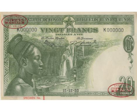 Belgian Congo, Banque Centrale Du Congo Belge Et Du Ruanda-Urundi,20 Francs, 15.12 1953, K 000000, De la Rue seals on each si