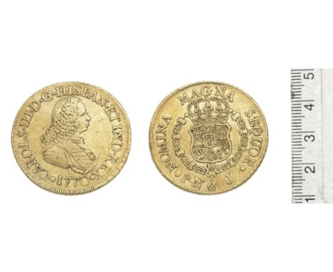 Colombia,Eight Escudos, 1770PN J, bust of Ferdinand VI, R.Arms within Order chain, NOMINA MAGNA SEQUOR (KM#38.2).  Light cont