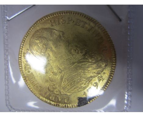 Colombia,Eight Escudos, 1794P JF, uniformed bust right, R.Crowned arms within Order chain, legend IN UTROQ FELIX AUSPICE DEO 