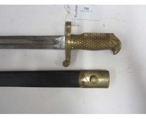 A U.S.A. 1870 Navy Bayonet,with brass grip, the blade marked Ames Mfg Co Chicopee Mass, in leather and brass scabbard. (1)