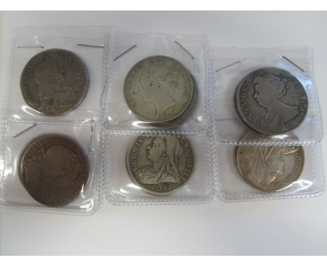 Halfcrowns,1672, 1687, 1689, 1697, 1707E, 1746 LIMA, 1882, 1887, 1899, 1893, 1931.  Generally fine or better. (13)