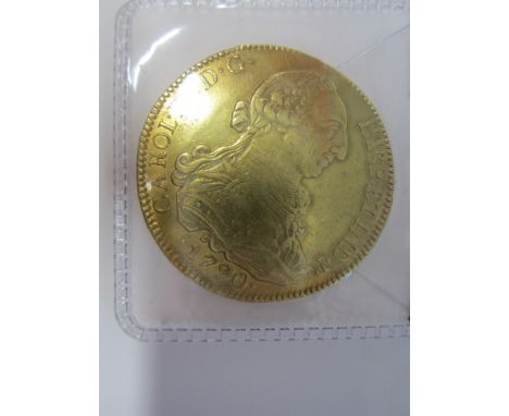 Chile,Eight Escudos, 1790DA, bust right, R.Crowned arms within Order chain, legend IN UTROQ FELIX AUSPICE DEO (KM#42).  Gener