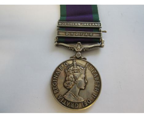 Campaign Service Medal 1962-2007,two bars, Dhofar, Northern Ireland (24085288 L/Cpl.F.Scholes RE.).  The second bar attached 