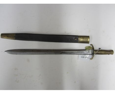 An 1837 Brunswick Bayonet,with 50cm lengtht blade, marked Enfield 1839, brass hilt and grip, in brass and leather scabbard. (