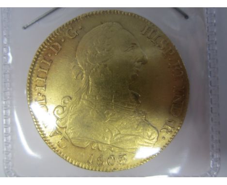 Chile,Eight Escudos, 1803 FJ, laureate bust right, R.Crowned arms within Order chain, legend IN UTROQ FELIX AUSPICE DEO (KM#5