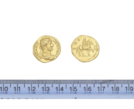 Hadrian,Gold Aureus, Rome mint 125-128, 7.19g. Obv. HADRIANUS AUGUSTUS PP, laureate and draped bust r, R.COS III, Hadrian on 
