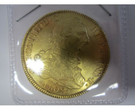 Chile,Eight Escudos, 1802 JJ laureate bust right, R.Crowned arms within Order chain, legend IN UTROQ FELIX AUSPICE DEO (KM#54