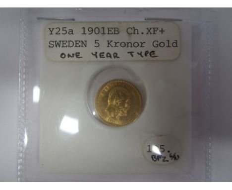 Sweden,5 Kronor, 1901EB, head right, R.Value and crowns within wreath (KM#766).  Some light contact marks, very fine. (1)This