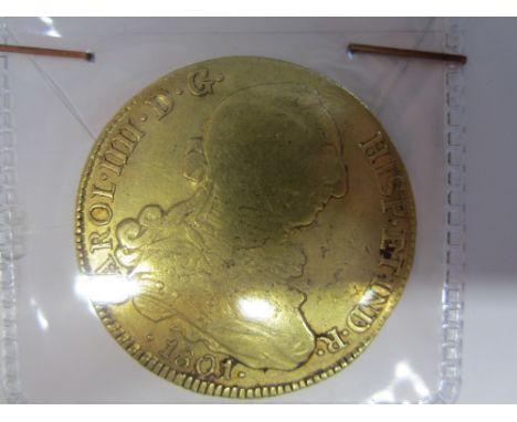 Chile,Eight Escudos, 1801AJ, laureate bust right, R.Crowned arms within Order chain, legend IN UTROQ FELIX AUSPICE DEO (KM#54