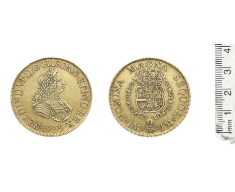 Peru,Eight Escudos, 1755LM JM, small bust of Ferdinand VI right, R.Crowned arms in order chain, NOMINA MAGNA SEQUOR, mint Lim