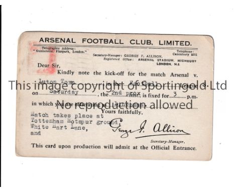 ARSENAL      Official postcard for confirmation of the Linesman for Arsenal v Luton Town on 2/12/1944.     Generally good