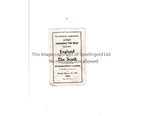 INTERNATIONAL TRIAL AT TOTTENHAM HOTSPUR 1921       An unusual white card issued for the match at White Hart Lane 7/2/1921 wi