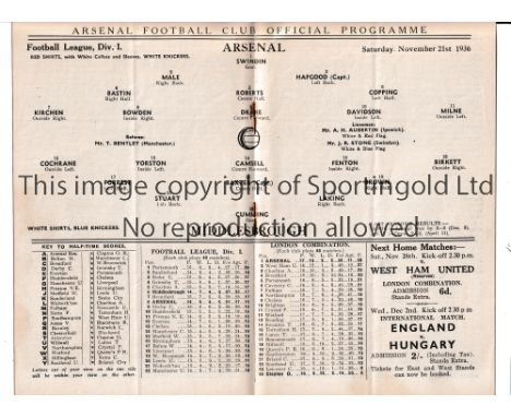 ARSENAL       Home programme for the League match v Middlesbrough 21/11/1936, very slight vertical crease.    Generally good