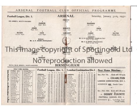 ARSENAL      Programme for the home League match v Birmingham 31/1/1931.     Generally good