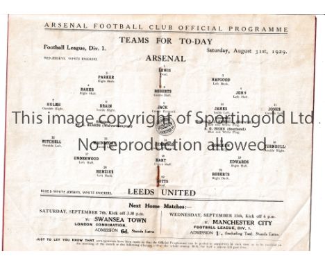 ARSENAL       Home programme for the League match v Leeds United 31/8/1929, slightly creased.    Generally good