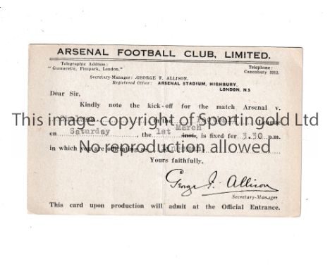 ARSENAL V CHELSEA 1947      Official postcard for confirmation of the Linesman for match on 1/3/1947.     Generally good