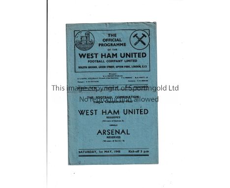 ARSENAL      Programme for the away Football Combination Championship Final v West Ham United 1/5/1948, very slight horizonta