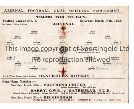 ARSENAL      Programme for the home League match v Blackburn Rovers 17/3/1928, rusty staples    Generally good