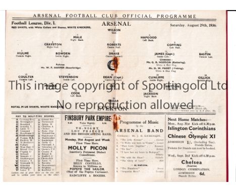 ARSENAL / DIXIE DEAN      Home programme for the League match v Everton 29/8/1936, vertical crease and staples rusted away. D