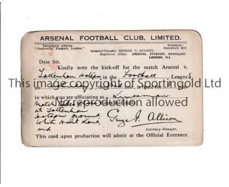 ARSENAL V TOTTENHAM HOTSPUR 1944      Official postcard for confirmation of the Linesman for Arsenal v Tottenham on 22/4/1944