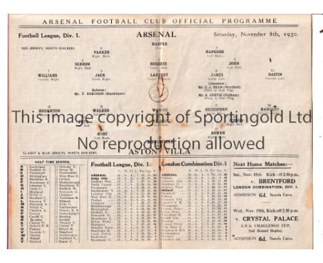 ARSENAL      Programme for the home League match v Aston Villa 8/11/1930, very slightly creased and staples removed     Gener