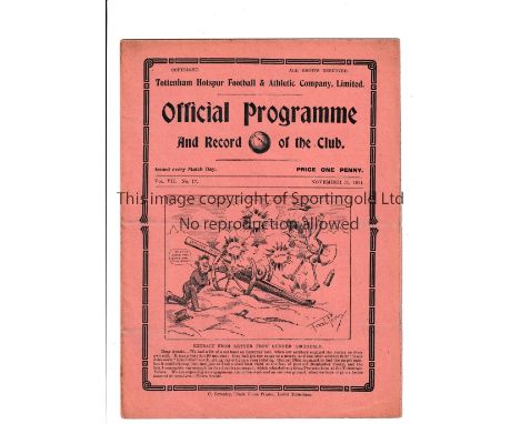 TOTTENHAM HOTSPUR V MANCHESTER UNITED 1914     Fold out programme for the League match at Tottenham 21/11/1914, very slight h