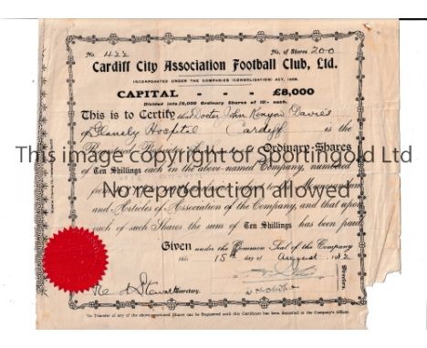 CARDIFF CITY      Original share certificate with seal issued for 200 shares on 15/8/1932 signed by 2 Directors and the Secre