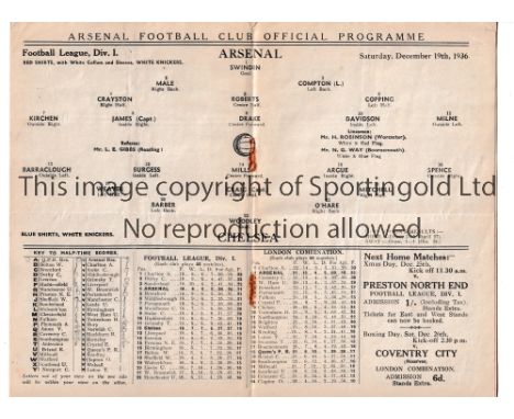 ARSENAL       Home programme for the League match v Chelsea 19/12/1936, horizontal fold and staples removed.     Generally go