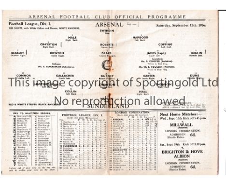 ARSENAL       Home programme for the League match v Sunderland 12/9/1936.    Generally good
