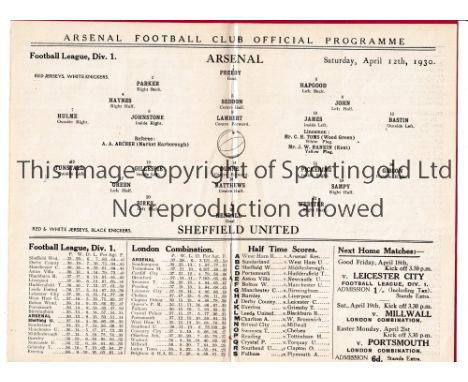 ARSENAL       Home programme for the League match v Sheffield United 12/4/1930. Inside white pages are ex-binder and includes