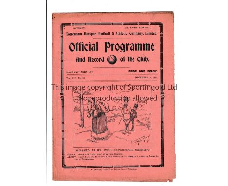 TOTTENHAM HOTSPUR       Fold out home programme for the League match v Sheffield Wednesday 26/12/1914.     Generally good