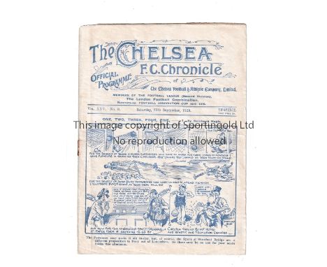 CHELSEA      Programme for the home League match v Tottenham Hotspur 28/9/1929, slight horizontal crease and team changes.   