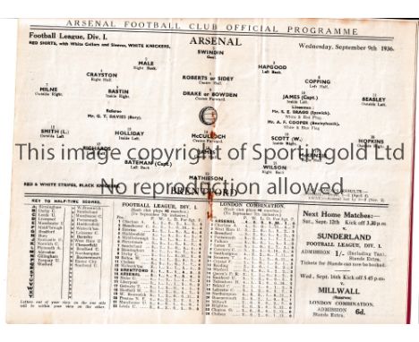 ARSENAL       Home programme for the League match v Brentford 9/9/1936, slightly creased and staples removed.    Generally go