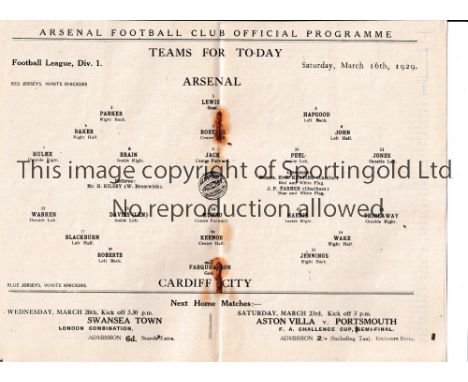 ARSENAL      Programme for the home League match v Cardiff City 16/3/1929, staples rusted away.     Generally good