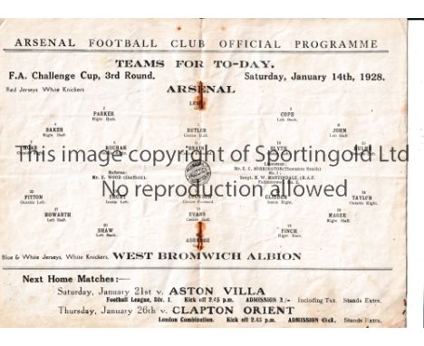 ARSENAL      Programme for the home FA Cup match v West Bromwich Albion 14/1/1928, very slightly creased and small paper loss