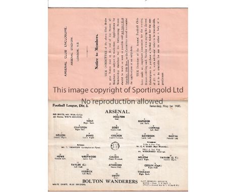 ARSENAL       Home programme for the League match v Bolton Wanderers 1/5/1937 with season ticket application form. Very sligh