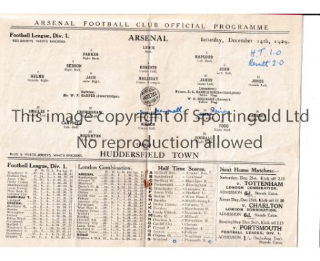 ARSENAL       Home programme for the League match v Huddersfield Town 14/12/1929, staples removed, slight vertical crease and