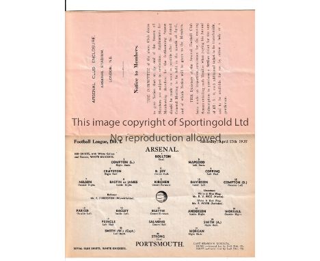 ARSENAL       Home programme for the League match v Portsmouth 17/4/1937 with season ticket application form. Slight vertical