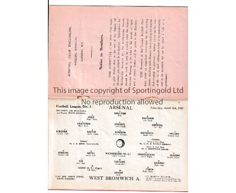 ARSENAL       Home programme for the League match v West Bromwich Albion 3/4/1937 with season ticket application form. Slight