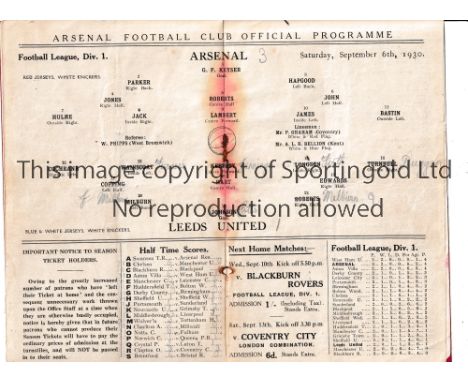 ARSENAL      Programme for the home League match v Leeds United 6/9/1930, slightly creased and very slightly stained inside. 