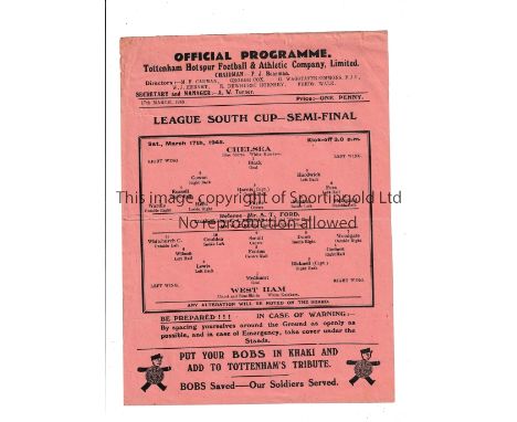 CHELSEA V WEST HAM UNITED AT TOTTENHAM 1945     Single sheet programme for the Football League South Cup Semi-Final at White 