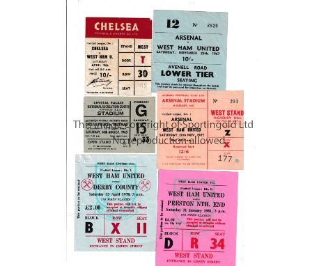 WEST HAM UNITED      Six tickets including 2 homes v Derby 77/8 and Preston 80/1 and 4 aways v Arsenal 65/6 and 66/7, Chelsea
