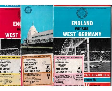 ENGLAND SCHOOL INTERNATIONALS      Programme and ticket for England School internationals at Wembley, 1972 W Germany, 1973 Sc